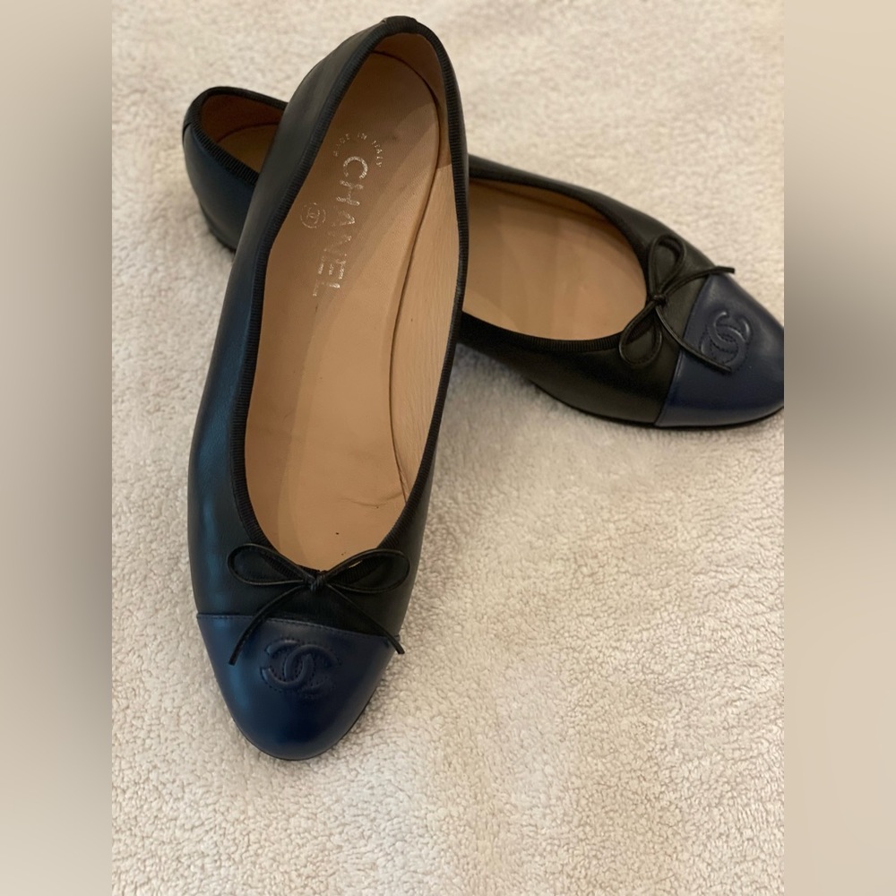 Chanel Two Tone Slipper Black with Navy Blue Toe, Sz41
